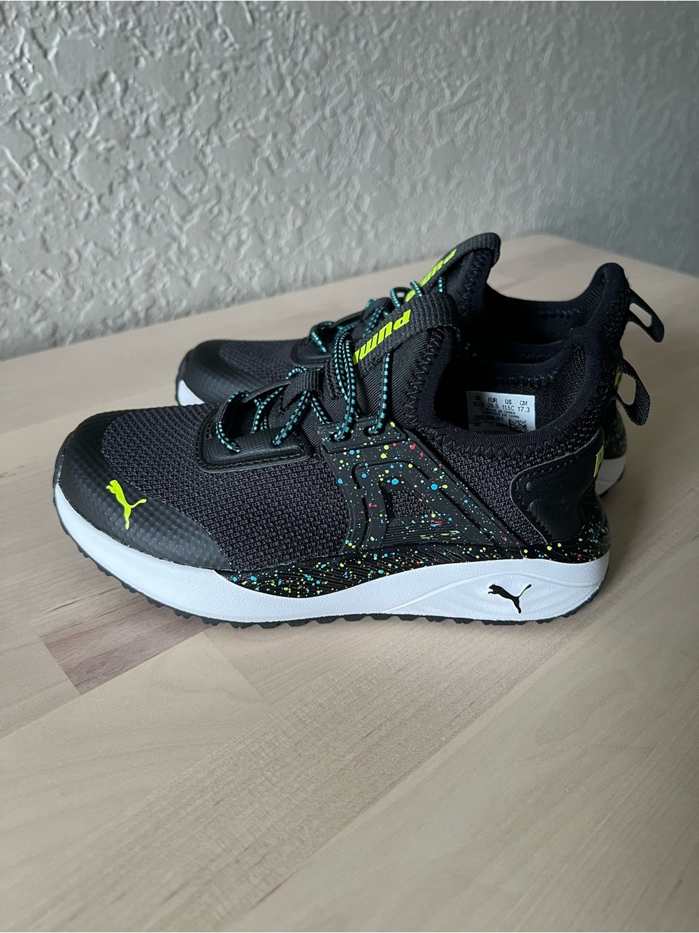 Puma Kids Black Sneakers with Neon Green Accents